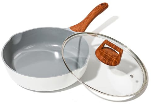 SC Cooker Nonstick Frying Pan with Lid, 10 Inches Ceramic Frying Pans Non Stick, Saute Pans with Pour Spout, Non Toxic Induction Frying Pan for Stove, Gas, PB/CD/PFOA Free (White, 26cm)
