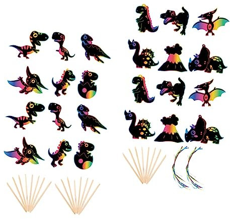 WESIEVYA 2sätze Dinosaurier Kratzpapier Für Junge Mädchen Mit Holzstiften Zum Aufhängen Bastelset Zum Auskratzen Und Selbergestalten Für Geburtstage Und Partys