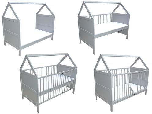Babybett Kinderbett Juniorbett Beistellbett Bett Haus 140x70 cm umbaubar massiv grau (Bett mit Matratze)