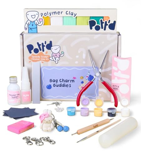Pott’d Polymer Clay Taschenanhänger-Set – Bastelset für Erwachsene & Einsteiger für Bag Charms mit Ton, Werkzeugen und Schlüsselanhänger-Zubehör – DIY-Geschenk für kreative Köpfe