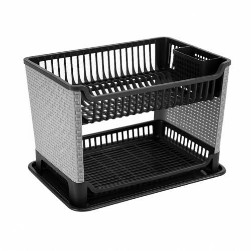 2-Tier Plastic Dish Drying Rack with Cup Holder & Drainer Tray – Kitchen Plate Bowl Cutlery Strainer Organizer – Compact Sink Side Rack for Drying & Storage (Black & Grey)