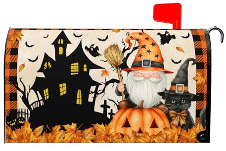 Ancordivo Housses magnétiques de boîte aux lettres d'Halloween de taille standard 53,3 x 45,7 cm, orange et noir, château, citrouille, nain, chat, vacances, boîte aux lettres saisonnière, pour