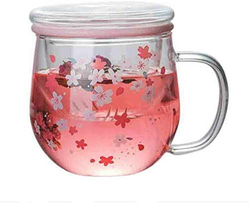 Fuhjythy Mug Glass Mug with Tea Infuser Filter&Lid Cherry Blossoms Cup Set Blossoms Flower Teacup 300Ml Glasses Drinking