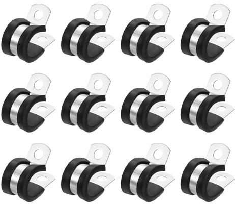 sourcing map 1/2(14mm) Cable Clamp, 304 Stainless Steel Rubber Cushioned Insulated R Shape Metal Clamp Tube Holder for Pipe Hose Wire Cord Installation 12Pcs