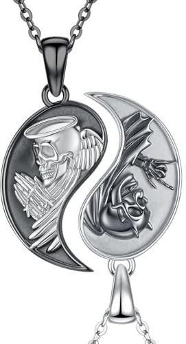 OHAYOO Skull & Yin Yang Necklace 925 Sterling Silver Angel Demon Pendant Couple Necklace Yin Yang Skull Jewelry Partner Necklaces for Him and Her Women Men
