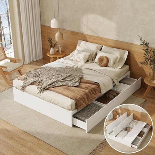 Kebnor Stauraumbett 140 x 200 cm,Palettenbett, Doppelbett, Funktionsbett, Massivholzbett, mit Stauraumbox unter dem Bett, mit Schubladen, mit Stauraum, ohne Matratze, weiß