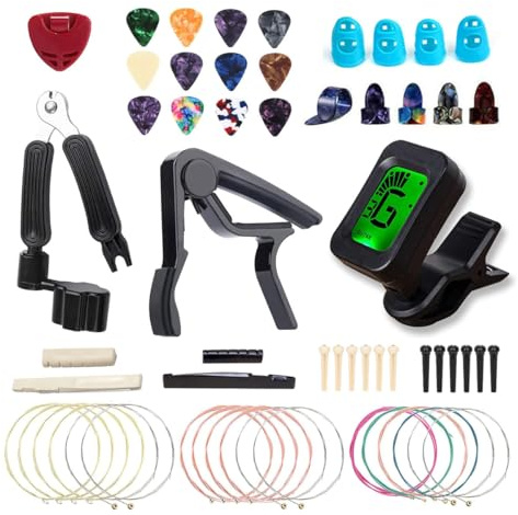 Alide Gitarrenzubehör-Set: Saiten, Stimmgerät, Kapodaster, 3-in-1-Werkzeug, Plektren und Ersatzteile