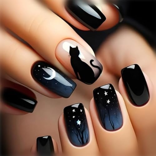 Weihnachten Nägel, 24 Stück Press on Nails, Softgel Doonail-s press on nail starter set, Nägel Zum Aufkleben, Press On Nail Almond, Kunstnägel zum Aufkleben, Schwarze Katze