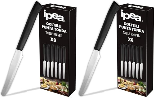 IPEA Coltelli da Tavola per Bistecca e Carne punta Tonda- Set da 6 - Coltello Affilati con Lama in Acciaio Inox per Tagliare Carne e Alimenti a Pranzo e Cena - Posate - Coltelli per Casa e Cucina
