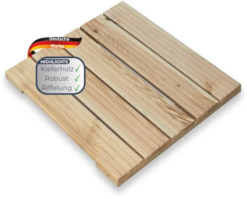 Holzfliese Kiefernholz 47,5x47,5cm - Fliese Geriffelt | Terrassenfliese Holz quadratisch Terrassendiele mit Unterkonstruktion Balkon Bodenfliese
