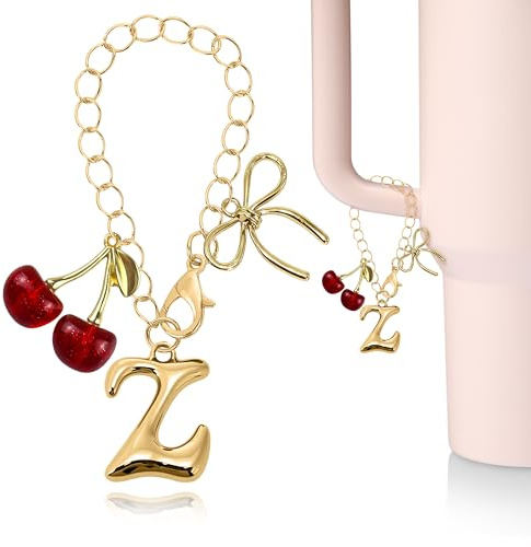 JINGSEN Gold Letter Charms with Bow and Cherry for Stanley Cup Accessories,for Stanley Handle 40 Oz Tumblers,Water Bottle CupInitial Keychain for Women(Red Cherries Z)