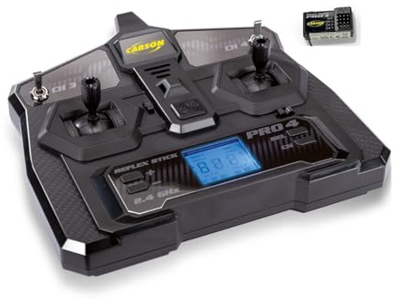Carson FS 4K Reflex Stick Pro 4 LCD – RC Fernsteuerung, 4-Kanal 2,4 GHz System, LCD Display, Modellspeicher, Dual Rate, Failsafe, schwarz