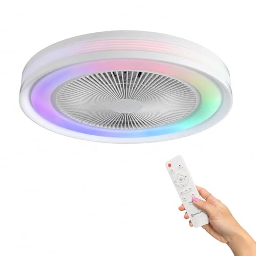 IluminaShop - Ventilador de Techo LED RGB, Temperatura de Luz Regulable, combinaciones de colores, Mando a Distancia, Temporizador y Función Verano/Invierno con Diseño Moderno Blanco