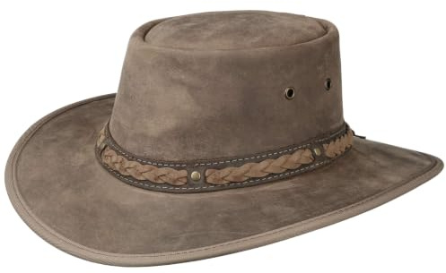Barmah Squashy Bronco Leder Traveller Rindlederhut Flechtband (L (58-59 cm) - beige)