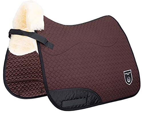 Dressur Schabracke Lammfell Champ-D von Christ – Lammfellschabracke für Dressurreiten, mit Sitzbereich aus echtem Fell, Dressurschabracke mit Fellrand erhältlich in braun/Natur, Gr. Warmblut