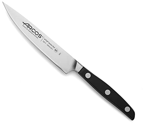 Arcos Cuchillo verduras Acero Inoxidable. Cuchillo profesional para pelar frutas y verduras. Mango ergonómico polioximetileno y Hoja 130 mm. Serie Manhattan. Color negro.