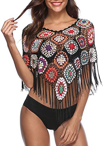 xxxiticat Damen Stickerei Print Hollow Out Bikini Bluse Umhang Poncho Cape Fransen Saum Häkeln Blumen Strand Cover Ups Tops, Schwarz, Einheitsgröße