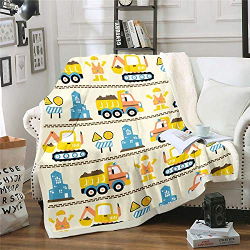 Tbrand Bagger Decke 130x150cm Karikatur Baufahrzeuge Kuscheldecke Maschinen Autos Druck Wohndecke für Jungen Kinder Kleinkind Gelb süß Streifen