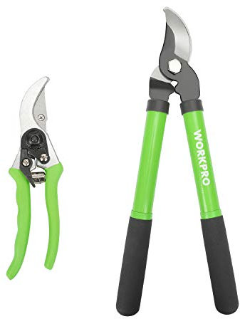 WORKPRO W151010 Gartenscheren-Set, hitzebehandelte Stahlkonstruktion mit antihaftbeschichteten Klingen aus teflonbeschichtetem Stahl, komfortable Griffe aus Nylon, Ein-/Aus-Schloss, 2 Stück