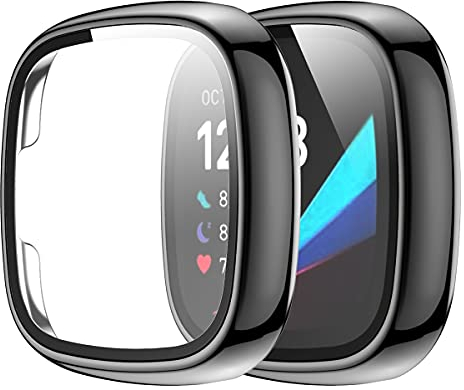 Wiki VALLEY Schutzhülle für Fitbit Versa 3, 2er Pack Weiche, ultradünne TPU Displayschutzhülle,Volldeckende Schutzfolie Kompatibel mit Versa Sense - Schwarz