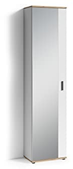 byLIVING Spiegel-Schrank Jakob/Eintüriger Hochschrank mit Spiegeltür/weiß - Artisan hell-braun/Griffe Silber-Farben/Tür rechts o. Links / 5 Fächer/Garderoben-Schrank/B 49, H 196, T 30 cm