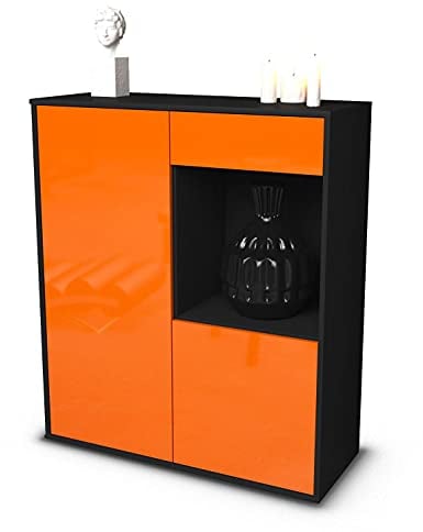 Stil.Zeit Highboard Lena, Korpus anthrazit matt, Front Hochglanz-Design Mandarine (92x108x35cm), Push-to-Open Technik & Leichtlaufschienen