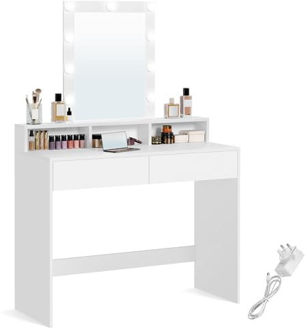 VASAGLE Dressing, LED Lights with Adjustable Brightness, Vanity with Mirror, 2 Drawers and 3 Compartments, Makeup, Modern, White RDT194T14