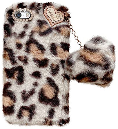 Uposao Compatible with iPhone 5S Mobile Phone Case Fluffy Cute Leopard Plush Mobile Phone Case Winter Warm Protective Case with Crystal Rhinestone Love Heart Pendant for Women Girls, White