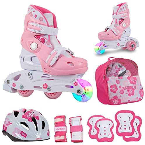 JAMBACH Kinder Inline-Skates mit Schutzset verstellbar zum Rollschuh mit Led (Rosa-Weiß, XS (26-29))