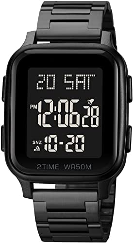 Digital Herren Uhren Edelstahl Digitale Armbanduhr 5ATM Wasserdicht Männer Uhr Multifunktions Digitaluhr mit Wecker Stoppuhr Kalender LED Dualzeit Eckiges Gehäuse