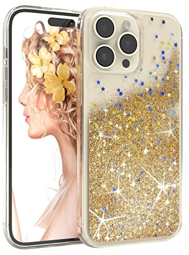 EAZY CASE Hülle kompatibel mit iPhone 14 Pro Max Schutzhülle mit Flüssig-Glitzer, Handyhülle, Schutzhülle, Back Cover mit Glitter Flüssigkeit, TPU/Silikon, Transparent/Durchsichtig, Gold
