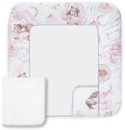 Balbina Wickeltischauflage aus Baumwolle, Waschbare Unterlage zum Wickeln, Wickelauflage mit Austauschbarem Frotteebezug, Widerstandsfähig & Robust, 70 x 75 cm, Bärchen auf Wolke, Rosa