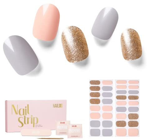 NAILOG Semi Cured Gel Nail Strips, 34 pcs Salon-Quality Gel Nail Stickers, Long Lasting Nail Wraps for Women with Soft Gel Finish, Neon Peach, Purple Grey & Gold Glitter, Summer Soiree