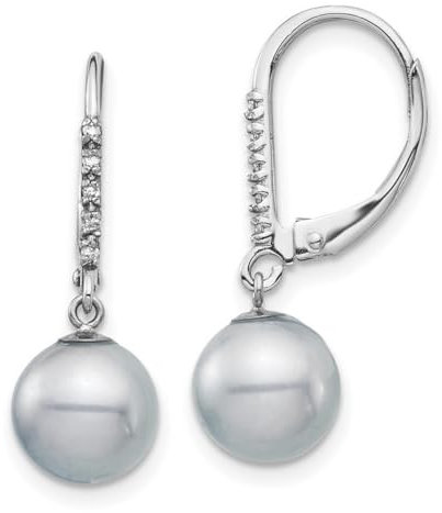 Ohrringe aus 14 Karat Weißgold, 8, 9 mm, graue Süßwasser-Zuchtperle, 05 Karat Diamant, Klappbügel-Ohrringe, Maße: 25,1, Schmuck für Damen, One Size, Diamant Edelstein Diamanten Edelstein Goldfarben,