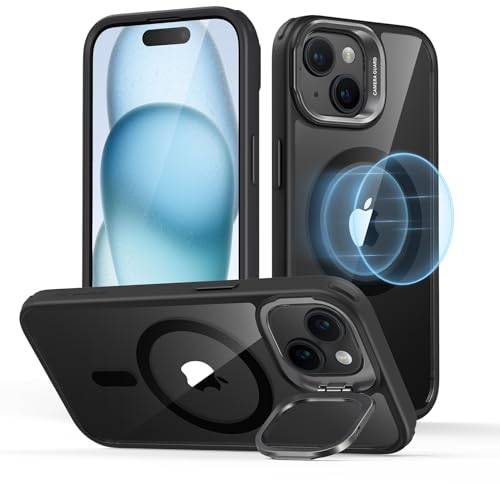 ESR for iPhone 15 Plus Case, Compatible with MagSafe, Military-Grade Protective Case, Built-In Stash Stand Phone Case, Scratch-Resistant Back Cover, Classic Series, Clear Black