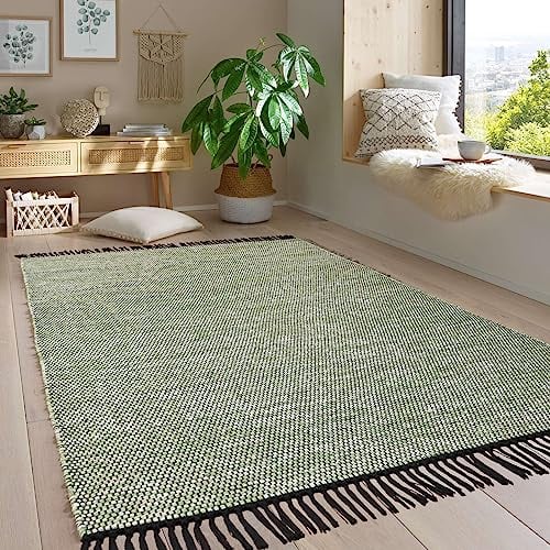 Taracarpet Handwebteppich Borkum Teppich fürs Wohnzimmer, Schlafzimmer und als Küchenteppich geeignet 100% Baumwolle grün 200x290 cm
