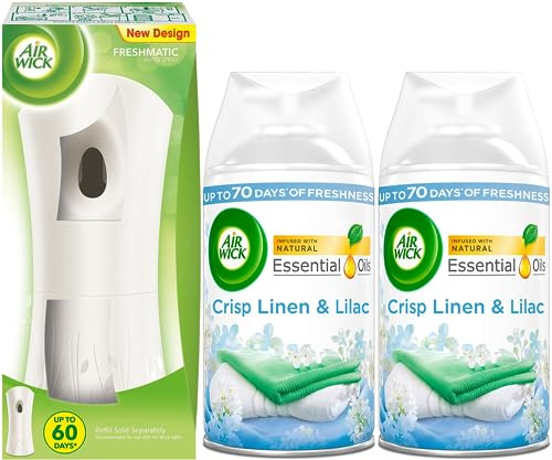 Air Wick | Freshmatic White Gadget (1 devices) + Automatic Air Freshener Spray Refill | 250ml (2 Refills) (Crisp Linen & Lilac)