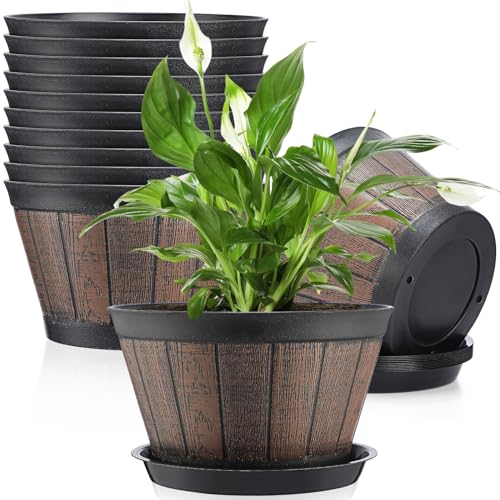 Layhit Lot de 10 pots de fleurs en forme de tonneau à whisky de 24 cm avec trous de drainage et soucoupes pour intérieur et extérieur Marron café