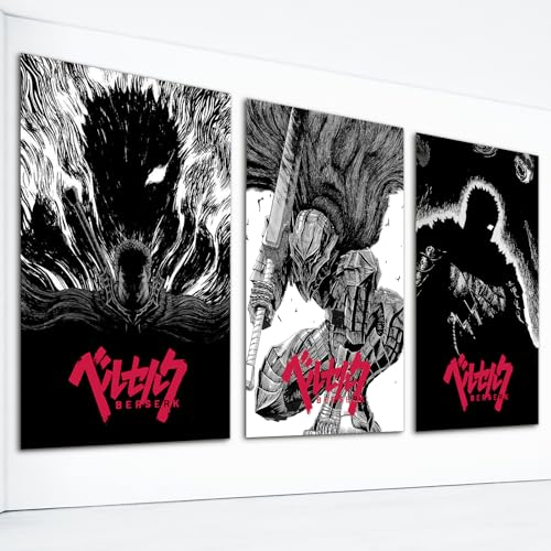 foefvpeft 3-teiliges japanisches Anime-Leinwandbild, Berserk-Figuren-Poster-Set, Galerie, Japanses, Manga-Kunst, Guts Griffith Casca Jedeau, Gemälde, Drucke für Wanddekoration, 30,5 x 40,6 cm,