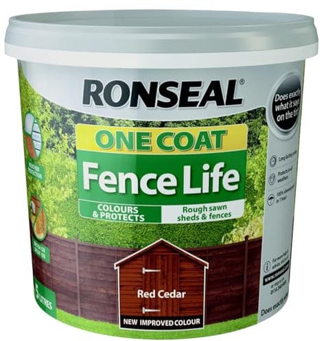 SAVING HUB One Coat Fence Life Paint - Garden Shed Fence Paint - for Rough Wood - Trellis, Sheds, Wooden Structures - Showerproof in 1 Hour (Red Cedar, 5 Liter)