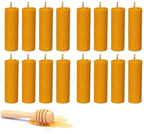 BESOULS 16 Bienenwachskerzen 100% Bienenwachs Candles für Rituale Meditation Spirituelle Reinigung kleine Kerzen Set ohne Paraffin QR mit digitalem Inhalt 10x2cm (16)