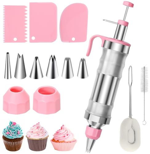 Icing Piping Kit Dessert Kuchen Dekorieren Set, Edelstahl Icing Piping Nozzle Cake Decorating Tools, 15 Stück DIY Frosting Backen Werkzeuge mit 6 Spritzgussdüsen und 3 Cremeschabern (rosa)