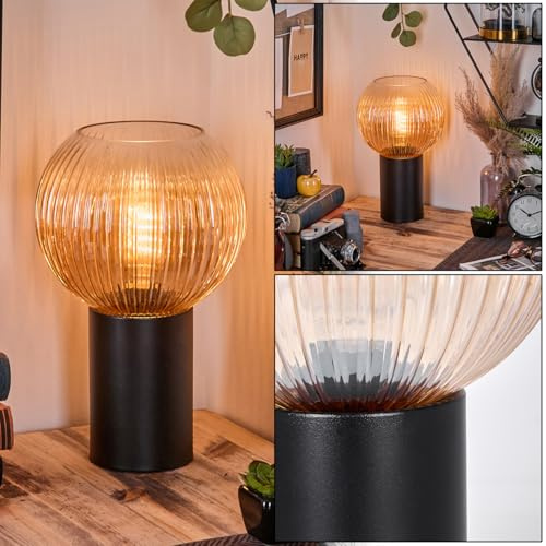 HOFSTEIN Tischleuchte Koyoto, Tischlampe aus Metall/Riffelglas in Schwarz/Bernstein/Klar, Leuchte im Retro/Vintage-Design mit Glasschirm, Ø 20 cm, E27, Wohnzimmer, Schlafzimmer, Esszimmer, Flur, Büro