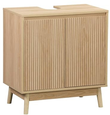sweeek - Waschbeckenunterschrank mit 2 Türen, geriffelte Fronten, Füße aus Kiefernholz, 65 x 40 x 70 cm - Linear