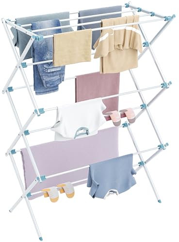 HOMIDEC Clothes Airer,3-Tier Foldable Clothes Horse,Clothes Drying Rack with 11 Thickened Poles Bearing Weight 20kg,Space Saving Clothes Dryer for Indoor Outdoor.White&Blue（73 * 37 * 115cm）
