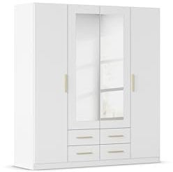 Rauch Möbel Belfast Kleiderschrank, Schrank, Garderobe, Organizer, 4-türig, mit Spiegel, 4 Schubladen für mehr Stauraum, Farbe Weiß, Holzgriff Eiche Massiv, 181x197x54cm