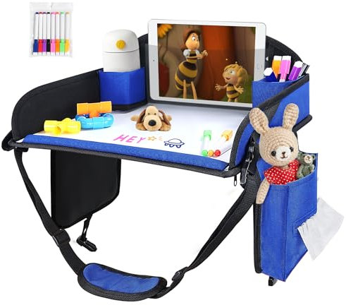 INFANZIA Kids Travel Tray for Car - Car Seat Tray with Markers for Kids Travel, Road Trip Essentials - Carseat Table for Roadtrip Activities - Must Have Toddler Lap Desk Organizer for Airplane, Blue