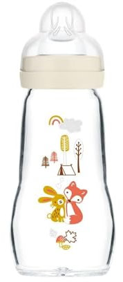 MAM Biberon Feel Good 260 ml, Biberon vetro pregiato resistente alle alte temperature, Accessori neonati ergonomici per uso quotidiano e allattamento misto con morbida tettarella misura 2, Neutro