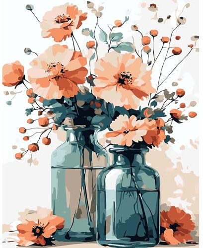 Pintura por Números para Adultos, Jarrones con flores, Kit de Pintura al óleo de Lienzo para con Pinceles, Pintura por Números Para Decoración Del Hogar, Sin Marco 30x40 cm, Flores de color naranja