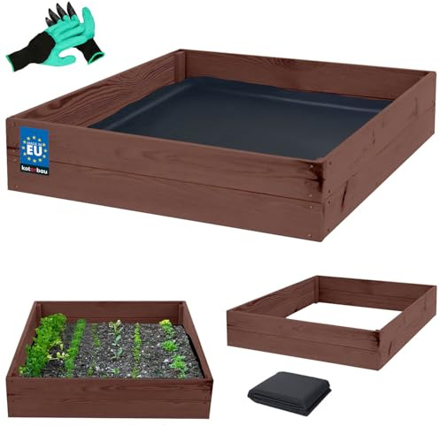 KOTARBAU® Hochbeet für Garten - 120 x 120 x 18 cm - Gemüsebeet - Pflanzkasten mit Vlies - Kräuterbeet + Handschuhe mit Krallen - Blumenkasten aus imprägniertem Kiefernholz - Braun